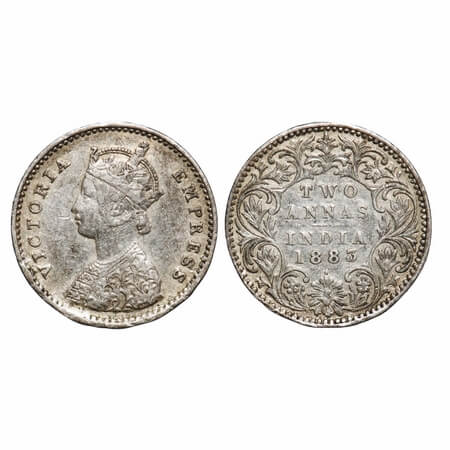 Victoria Empress, Silver, 2 Annas, 1883, Bombay Mint, A/I, Dot. F. Prid 529. GK 765. Very 