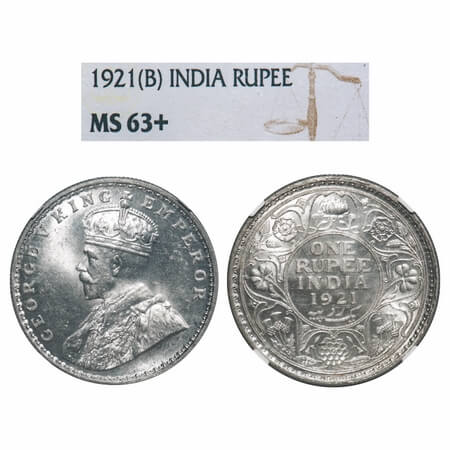 George V, Silver, Rupee, 1921, Bombay Mint, Dot, Elephant. F. Prid 227. GK 1043. NGC Slabb