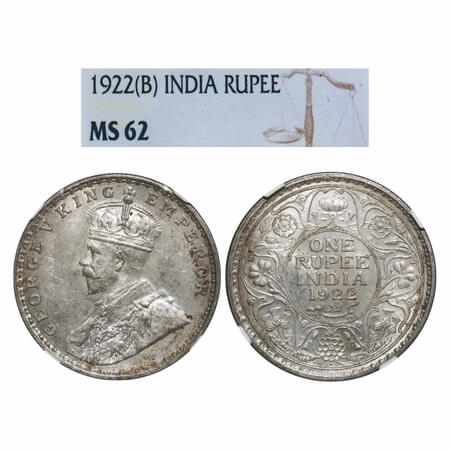 George V, Silver, Rupee, 1922, Bombay Mint, Dot, Elephant. F. Prid 228. GK 1044. NGC Slabb