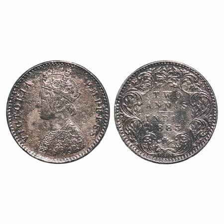 Victoria Empress, Silver, 2 Annas, 1883, Bombay Mint, A/I, Dot. F. Prid 529. GK 765. Very 