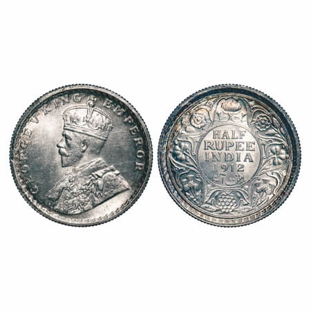 George V, Silver, Half Rupee, 1912, Calcutta Mint, No dot, Re-drawn Elephant. F. Prid 319.