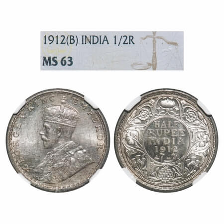 George V, Silver, Half Rupee, 1912, Bombay Mint, Dot, Re-drawn Elephant. F. Prid 336. GK 1