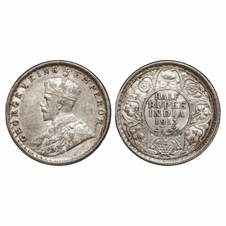 George V, Silver, Half Rupee, 1913, Calcutta Mint, No dot, Elephant. F. Prid 320. GK 1048.