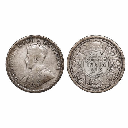 George V, Silver, Half Rupee, 1913, Calcutta Mint, No dot, Elephant. F. Pird 320. GK 1048.