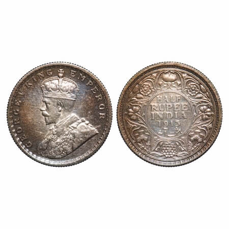 George V, Silver, Half Rupee, 1913, Calcutta Mint, No dot, Elephant. F. Prid 320. GK 1048.