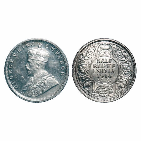 George V, Silver, Half Rupee, 1914, Calcutta Mint, No dot, Elephant. F. Prid 321. GK 1050.