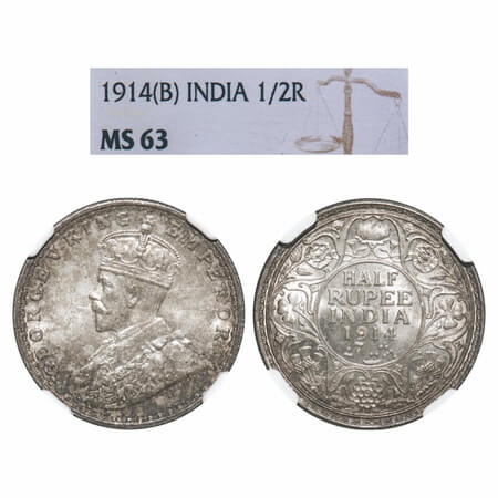 George V, Silver, Half Rupee, 1914, Bombay Mint, Dot, Elephant. F. Prid 321. GK 1051. NGC 