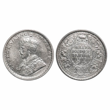George V, Silver, Half Rupee, 1915, Calcutta Mint, No dot, Elephant. F. Prid 322. GK 1052.