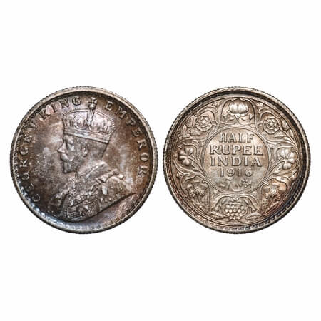 George V, Silver, Half Rupee, 1916, Calcutta Mint, No dot, Elephant. F. Prid 323. GK 1053.