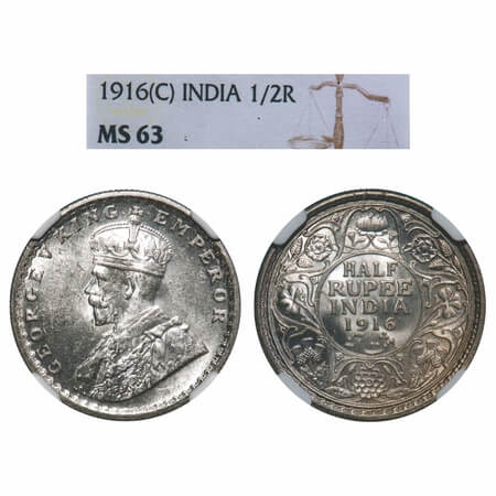 George V, Silver, Half Rupee, 1916, Calcutta Mint, No dot, Elephant. F. Prid 323. GK 1053.