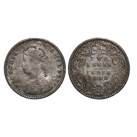 Victoria Empress, Silver, 2 Annas, 1883, Bombay Mint, A/I, Dot, Numeral 1 of year date 188