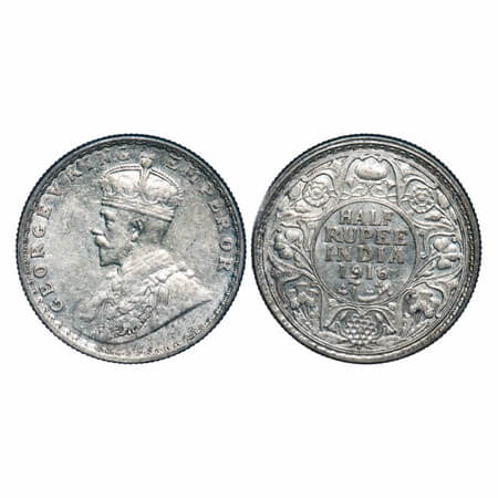 George V, Silver, Half Rupee, 1916, Bombay Mint, Dot, Elephant. F. Prid 340. GK 1054. Abou