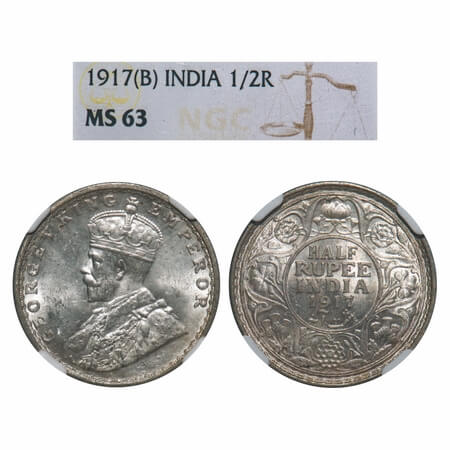 George V, Silver, Half Rupee, 1917, Bombay Mint, Dot, Elephant. F. Prid 341. GK 1055. NGC 
