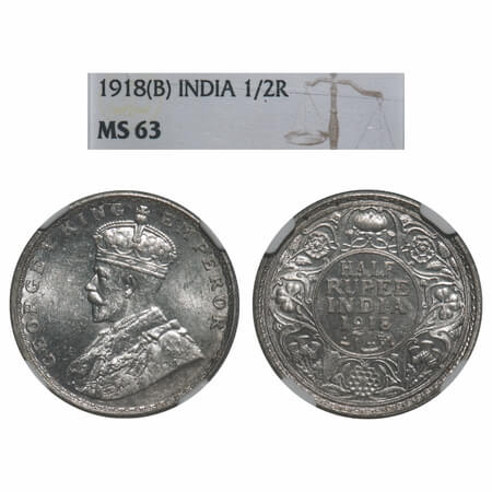George V, Silver, Half Rupee, 1918, Bombay Mint, Dot, Elephant. F. Prid 342. GK 1056. NGC 