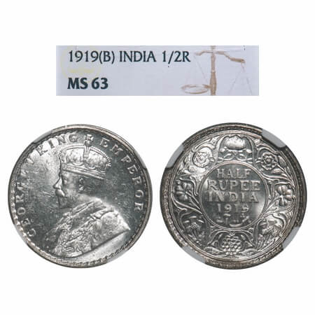 George V, Silver, Half Rupee, 1919, Bombay Mint, Dot, Elephant. F. Prid 343. GK 1057. NGC 