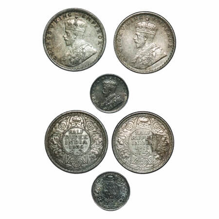 George V, Silver, (3 coins), 1) Half Rupee, 1919, Bombay Mint, Dot, Elephant, 2) Half Rupe