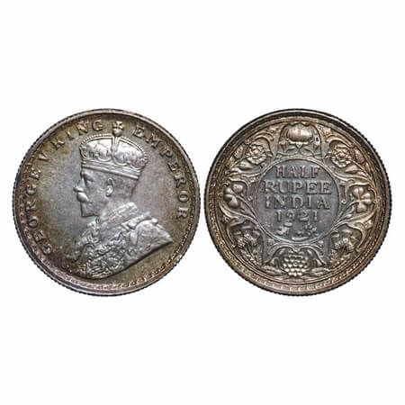 George V, Silver, Half Rupee, 1921, Calcutta Mint, No dot, Elephant. F. Prid 324. GK 1058.