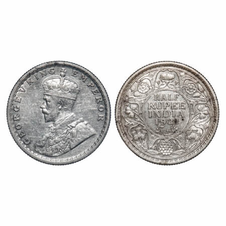 George V, Silver, Half Rupee, 1921, Calcutta Mint, No dot, Elephant. F. Prid 324. GK 1058.