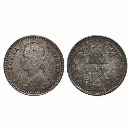 Victoria Empress, Silver, 2 Annas, 1883, Calcutta Mint, B/II, 'C' incused. F. Prid 498. GK