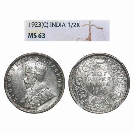 George V, Silver, Half Rupee, 1923, Calcutta Mint, No dot, Elephant. F. Prid 326. GK 1061.