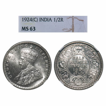 George V, Silver, Half Rupee, 1924, Calcutta Mint, No dot, Elephant. F. Prid 327. GK 1063.