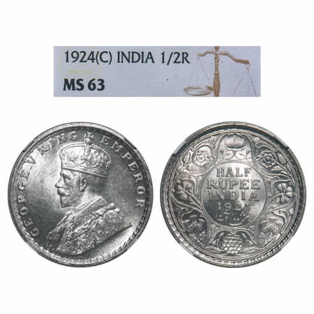 George V, Silver, Half Rupee, 1924, Calcutta Mint, No dot, Elephant. F. Prid 327. GK 1063.