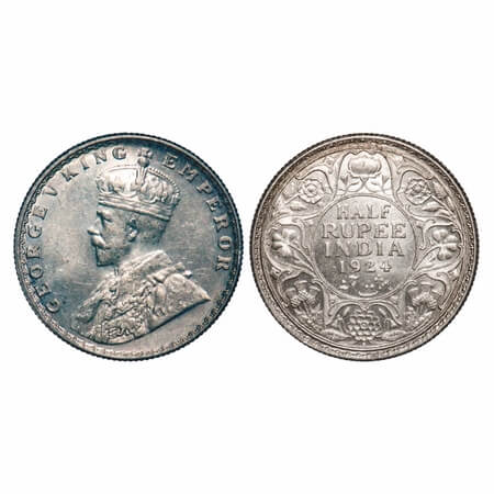 George V, Silver, Half Rupee, 1924, Bombay Mint, Dot, Elephant. F. Prid 346. GK 1064. Unci