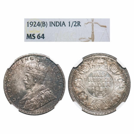 George V, Silver, Half Rupee, 1924, Bombay Mint, Dot, Elephant. F. Prid 346. GK 1064. NGC 