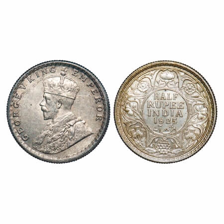 George V, Silver, Half Rupee, 1925, Calcutta Mint, No dot, Elephant. F. Prid 328. GK 1065.