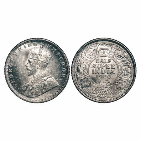 George V, Silver, Half Rupee, 1926, Calcutta Mint, No dot, Elephant. F. Prid 329. GK 1067.