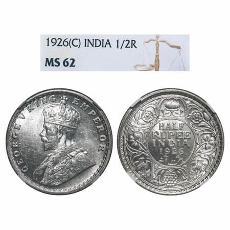 George V, Silver, Half Rupee, 1926, Calcutta Mint, No dot, Elephant. F. Prid 329. GK 1067.