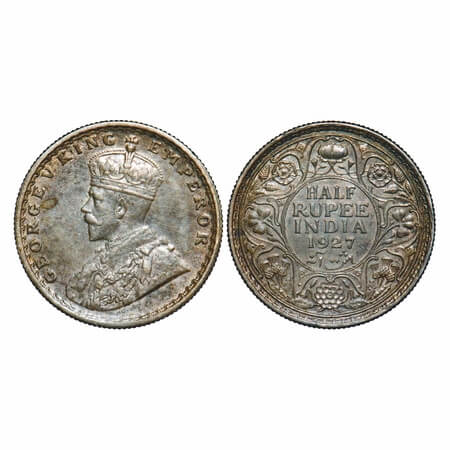 George V, Silver, Half Rupee, 1927, Calcutta Mint, No dot, Elephant. F. Prid 330. GK 1069.