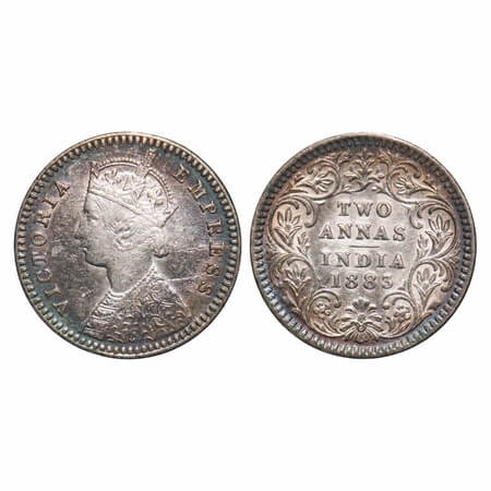 Victoria Empress, Silver, 2 Annas, 1883, Calcutta Mint, B/II, 'C' incused. F. Prid 498. GK