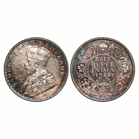 George V, Silver, Half Rupee, 1928, Bombay Mint, Dot, Elephant. F. Prid 349. GK 1070. Bril