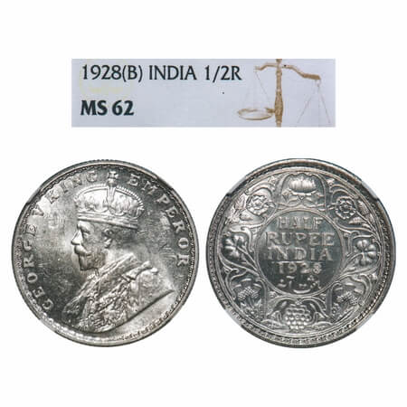 George V, Silver, Half Rupee, 1928, Bombay Mint, Dot, Elephant. F. Prid 349. GK 1070. NGC 