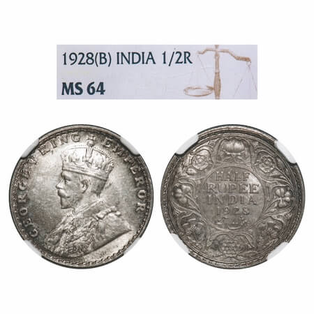 George V, Silver, Half Rupee, 1928, Bombay Mint, Dot, Elephant. F. Prid 349. GK 1070. NGC 
