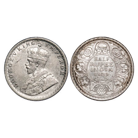 George V, Silver, Half Rupee, 1929, Calcutta Mint, No dot, Elephant. F. Prid 331. GK 1071.