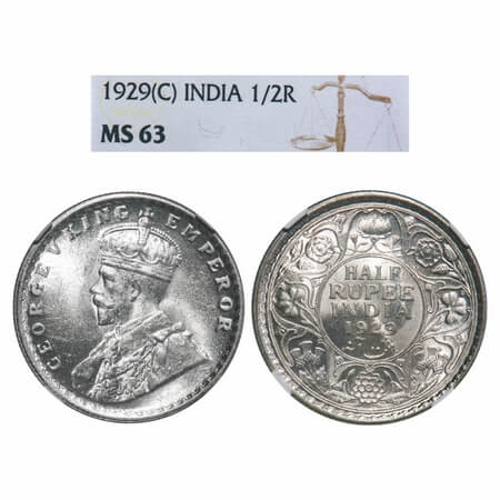 George V, Silver, Half Rupee, 1929, Calcutta Mint, No dot, Elephant. F. Prid 331. GK 1071.