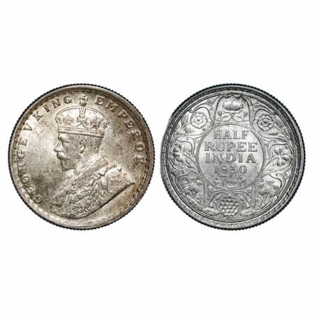 George V, Silver, Half Rupee, 1930, Calcutta Mint, No dot, Elephant. F. Prid 332. GK 1072.