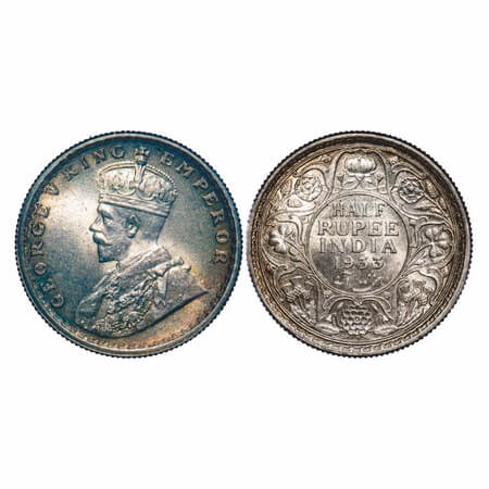 George V, Silver, Half Rupee, 1933, Calcutta Mint, No dot, Elephant. F. Prid 333. GK 1073.