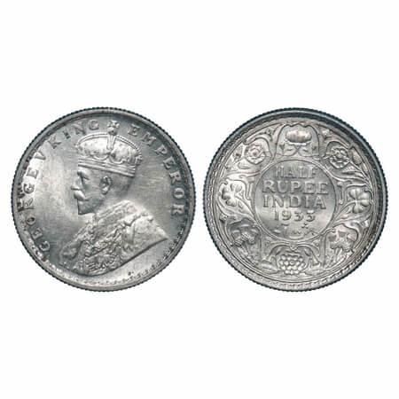 George V, Silver, Half Rupee, 1933, Calcutta Mint, No dot, Elephant. F. Prid 333. GK 1073.