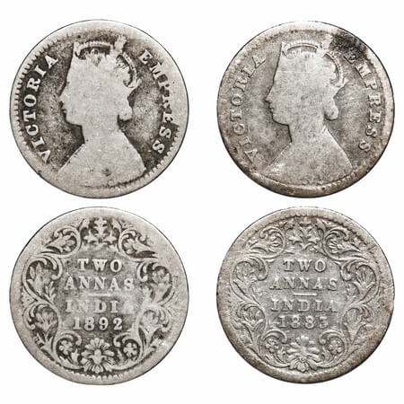 Victoria Empress, Silver, 2 Annas, (2 coins), 1) 1883, Calcutta Mint, B/II, 'C' incused, 2