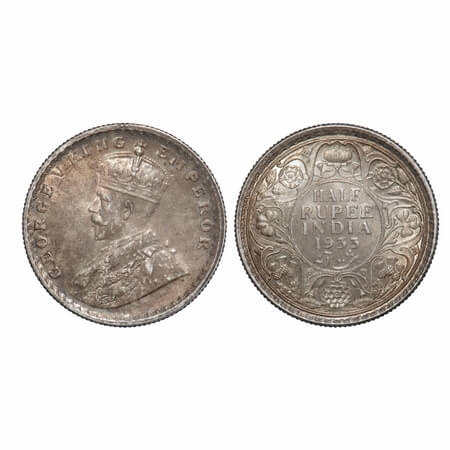 George V, Silver, Half Rupee, 1933, Calcutta Mint, No dot, Elephant. F. Prid 333. GK 1073.
