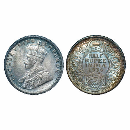 George V, Silver, Half Rupee, 1934, Calcutta Mint, No dot, Elephant. F. Prid 334. GK 1074.