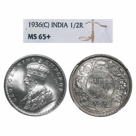 George V, Silver, Half Rupee, 1936, Calcutta Mint, No dot, Elephant. F. Prid 335. GK 1075.