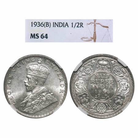 George V, Silver, Half Rupee, 1936, Bombay Mint, Dot, Elephant. F. Prid 350. GK 1076. NGC 