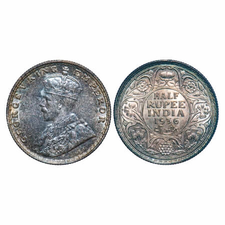 George V, Silver, Half Rupee, 1936, Bombay Mint, Dot, Elephant. F. Prid 350. GK 1076. Bril