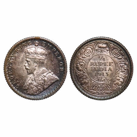 George V, Silver, 1/4 Rupee, 1913, Calcutta Mint, No dot, Elephant. F. Prid 442. GK 1083. 
