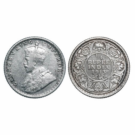George V, Silver, 1/4 Rupee, 1913, Calcutta Mint, No dot, Elephant. F. Prid 442. GK 1083. 