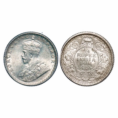 George V, Silver, 1/4 Rupee, 1914, Calcutta Mint, No dot, Elephant. F. Prid 443. GK 1085. 